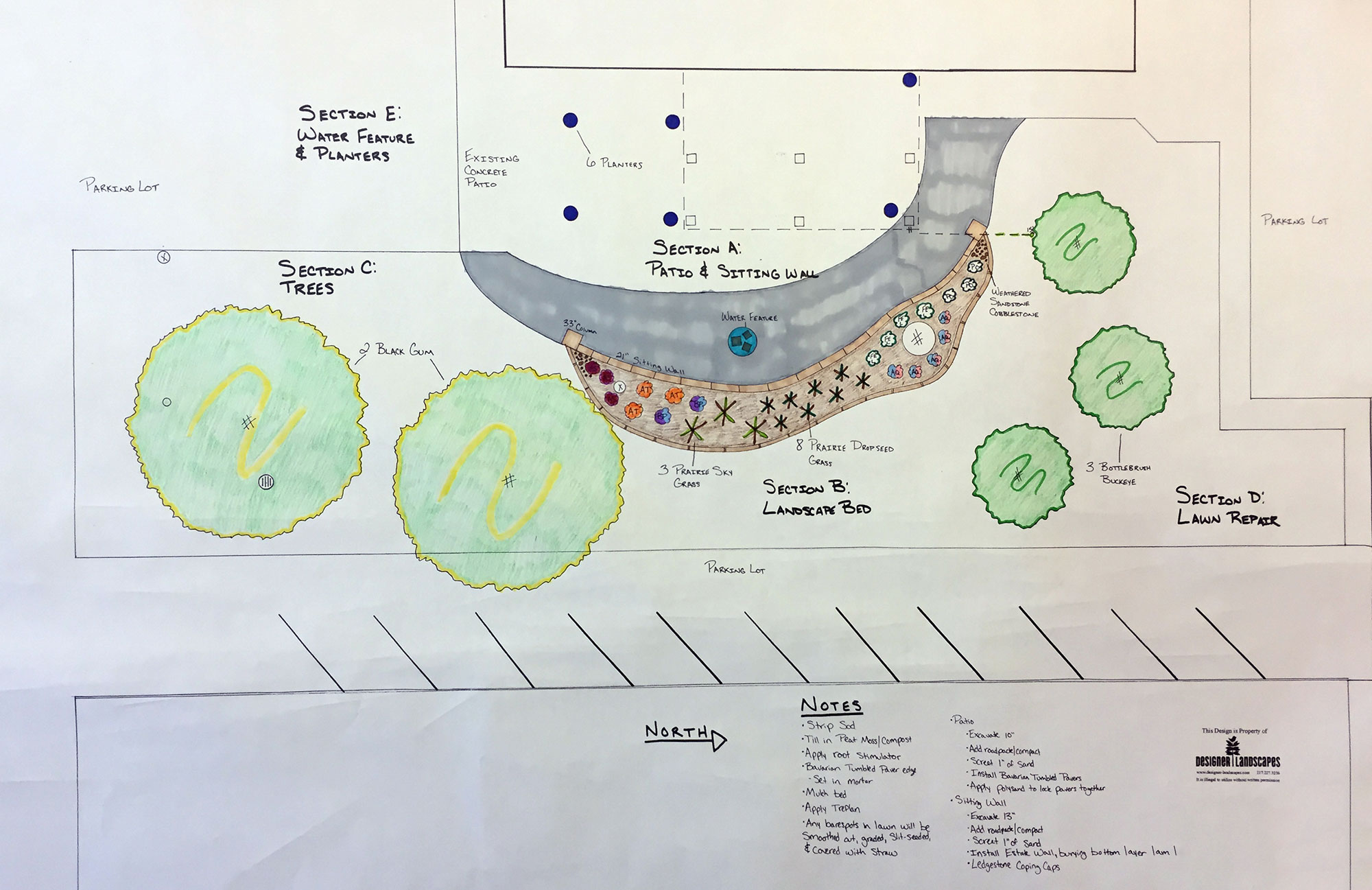 A hand-drawn image of a landscape design